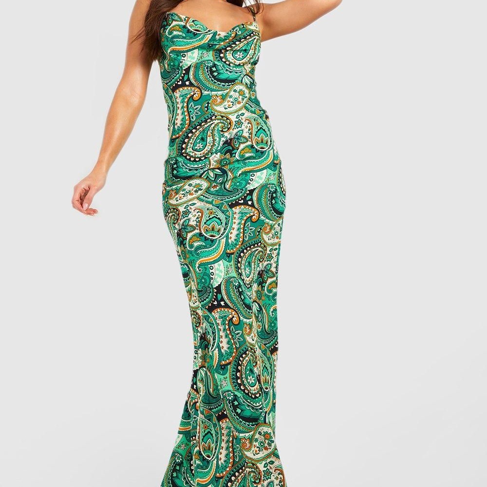 Boohoo Teal and Gold Paisley Dress